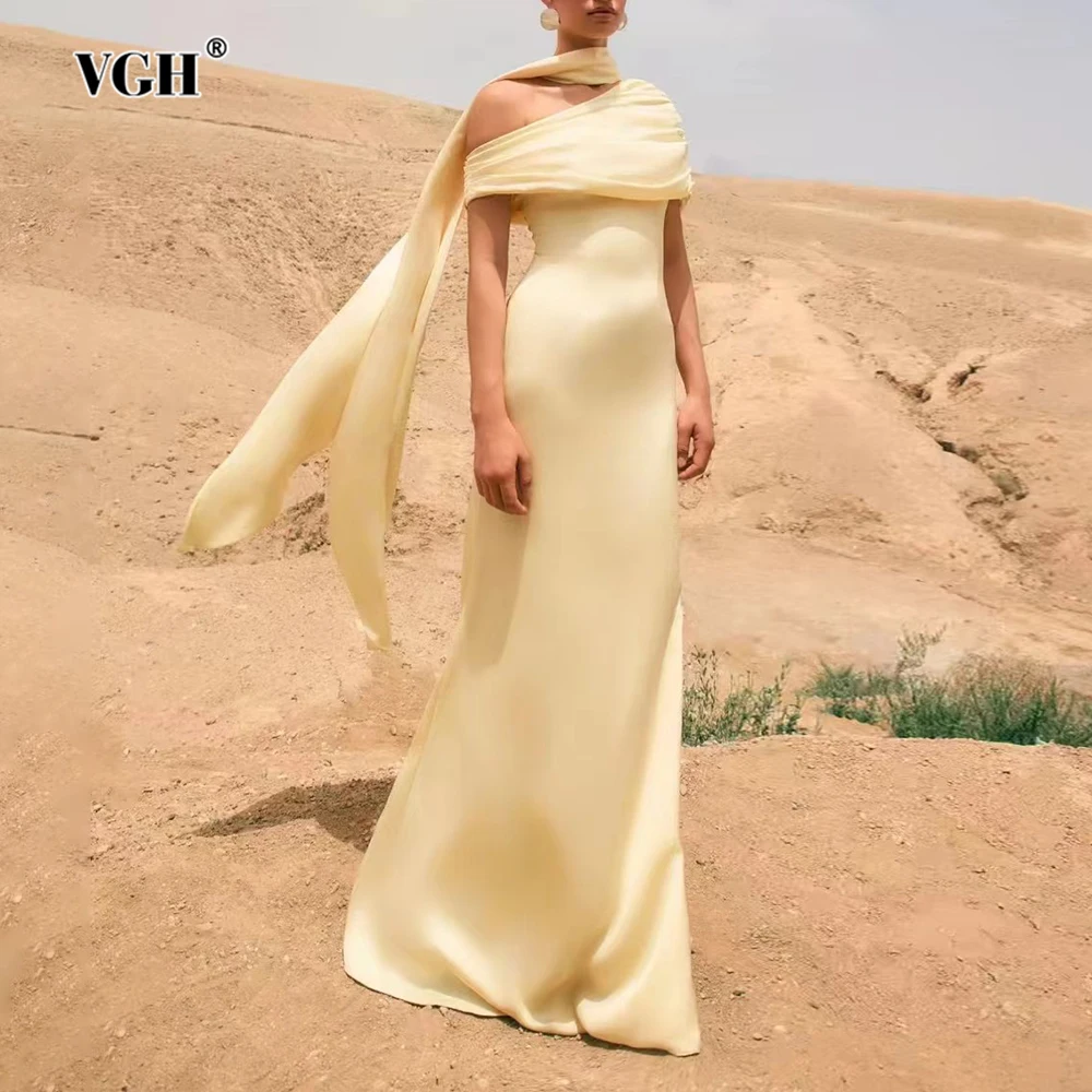 

VGH Вечернее однотонное платье для женщин с диагональным воротником и открытыми плечами, высокой талией, элегантные платья макси с лентой для женщин