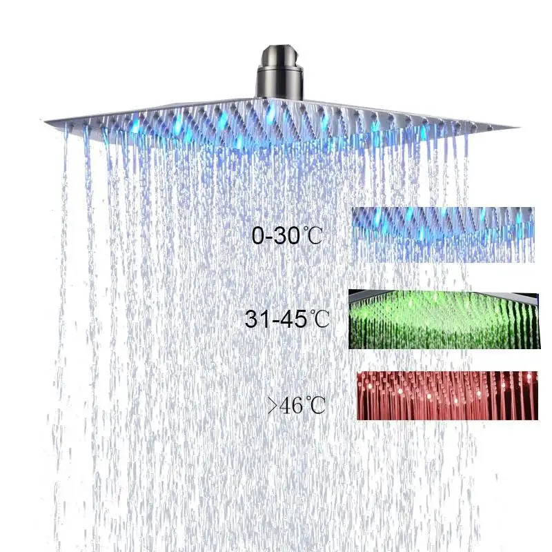 Luxury Chrome  LED  Rainfall Shower Head Stainless Steel Square Color Changing Lights Shower head Water Flow Generates Electrici