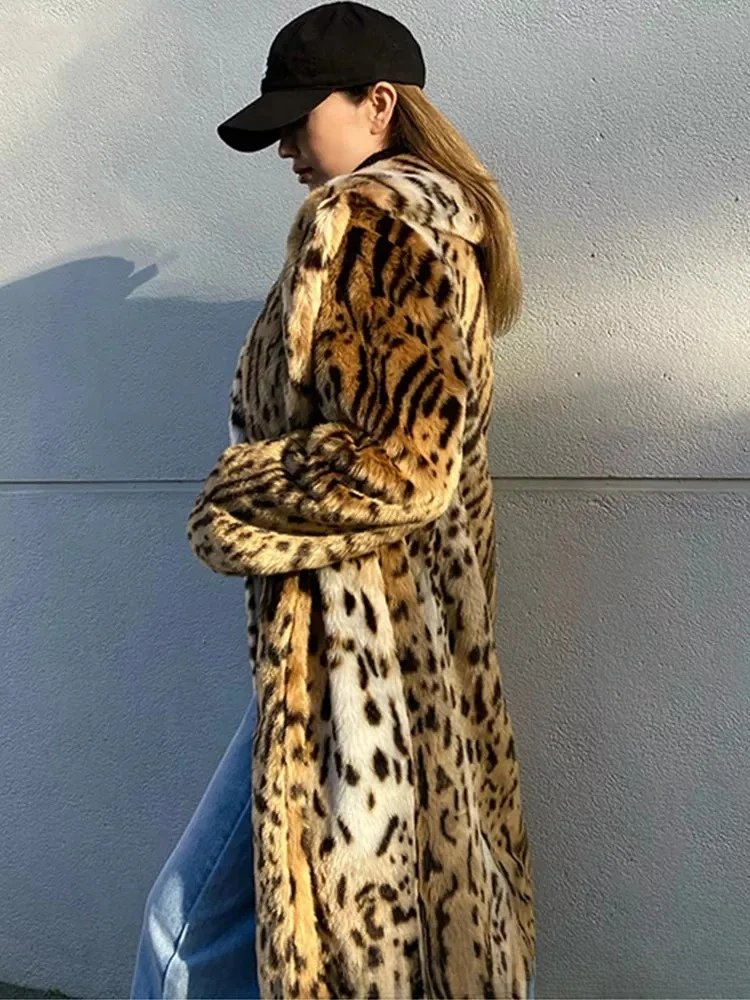 

Winter Women Eco Fur Coat Leopard Print Suit Collar Artificial Fur Jacket For Lady Long Over The Knee Female Fur Coat