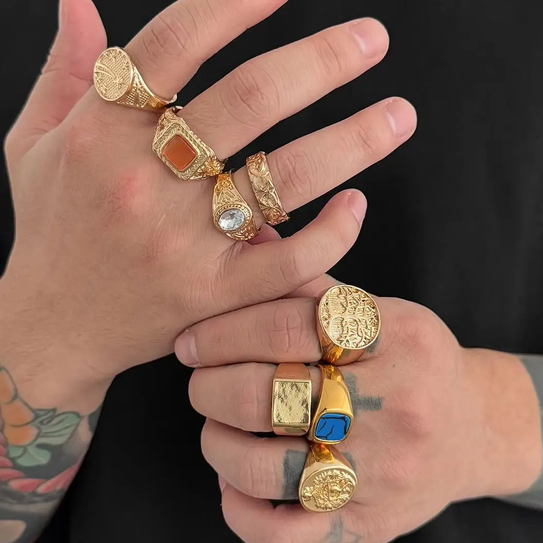 Salircon 8 Pcs/Set Punk Texture Metal Open Adjustable Ring Set Men Hip Hop Inlay Acrylic Rhinestone Finger Rings Grunge Jewelry 2