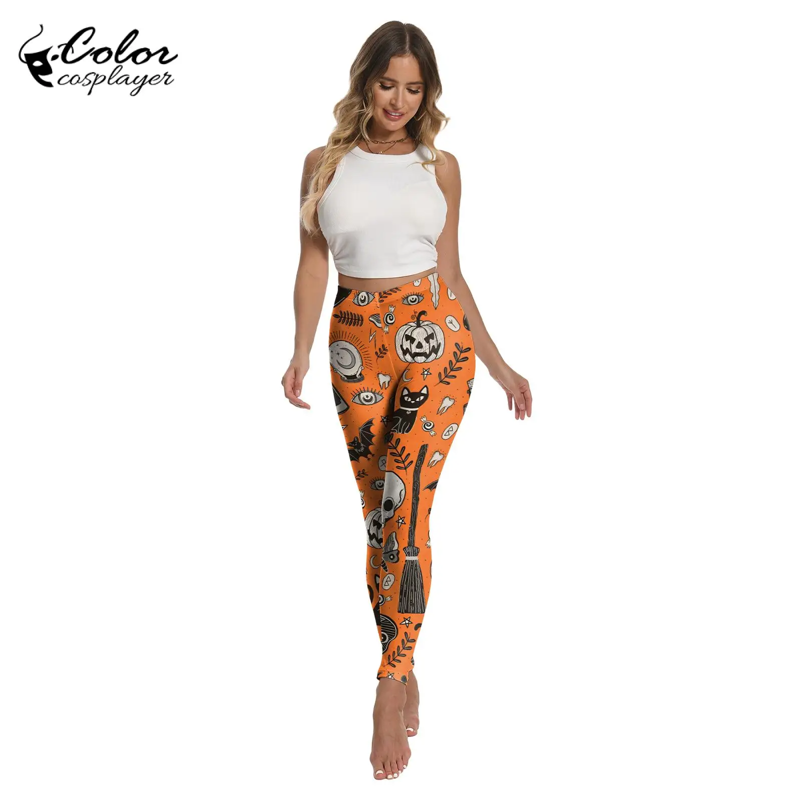 Color Cosplayer Orange Legging for Women Skinny Pants Bat Pumpkin Patternparty Trousers Halloween Carnival Cosplay Costume