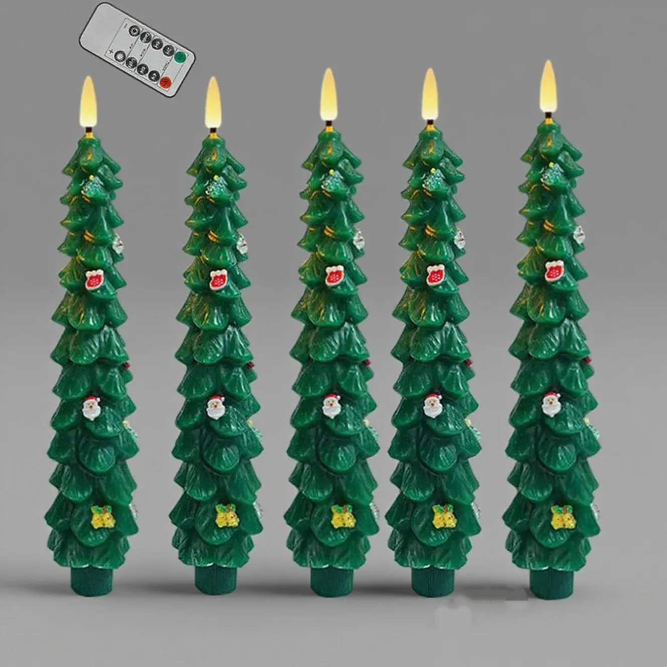 Cartoon Christmas Tree Candle W/Remote Paraffin Waxy Taper Light Flickering Battery Operated LED Candlesticks 3D Wick Home Decor