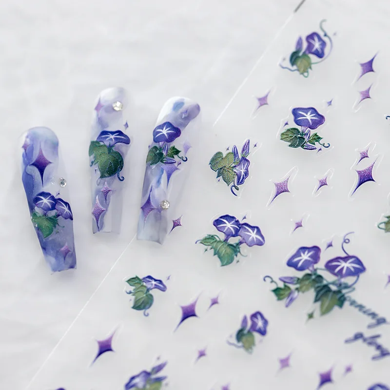 Blue Purple Morning Glory Orchids Tulip Flower 5D Embossed Relief Self Adhesive Nail Art Decoration Stickers 3D Manicure Decals