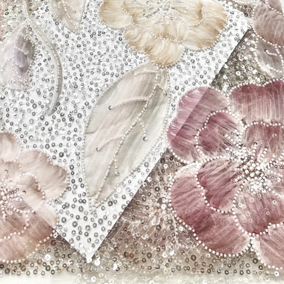 

Floral Beaded Lace Fabric 1 Yard High Quality Embroidered Tulle Mesh with Sequins and Pearls for Sewing Wedding Dress Material