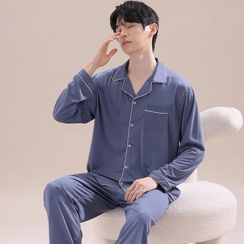 New Men's Sleepwear With Ice Silk And Cool Feeling, Thin Long Sleeved Pants, Home Wear Set That Can Be Worn Outside Pajamas