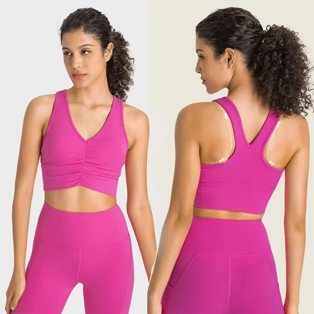 

New ET Double 6 Lycra V-neck Pleated Sexy Sports Bra Naked High Strength Shockproof Yoga Dress