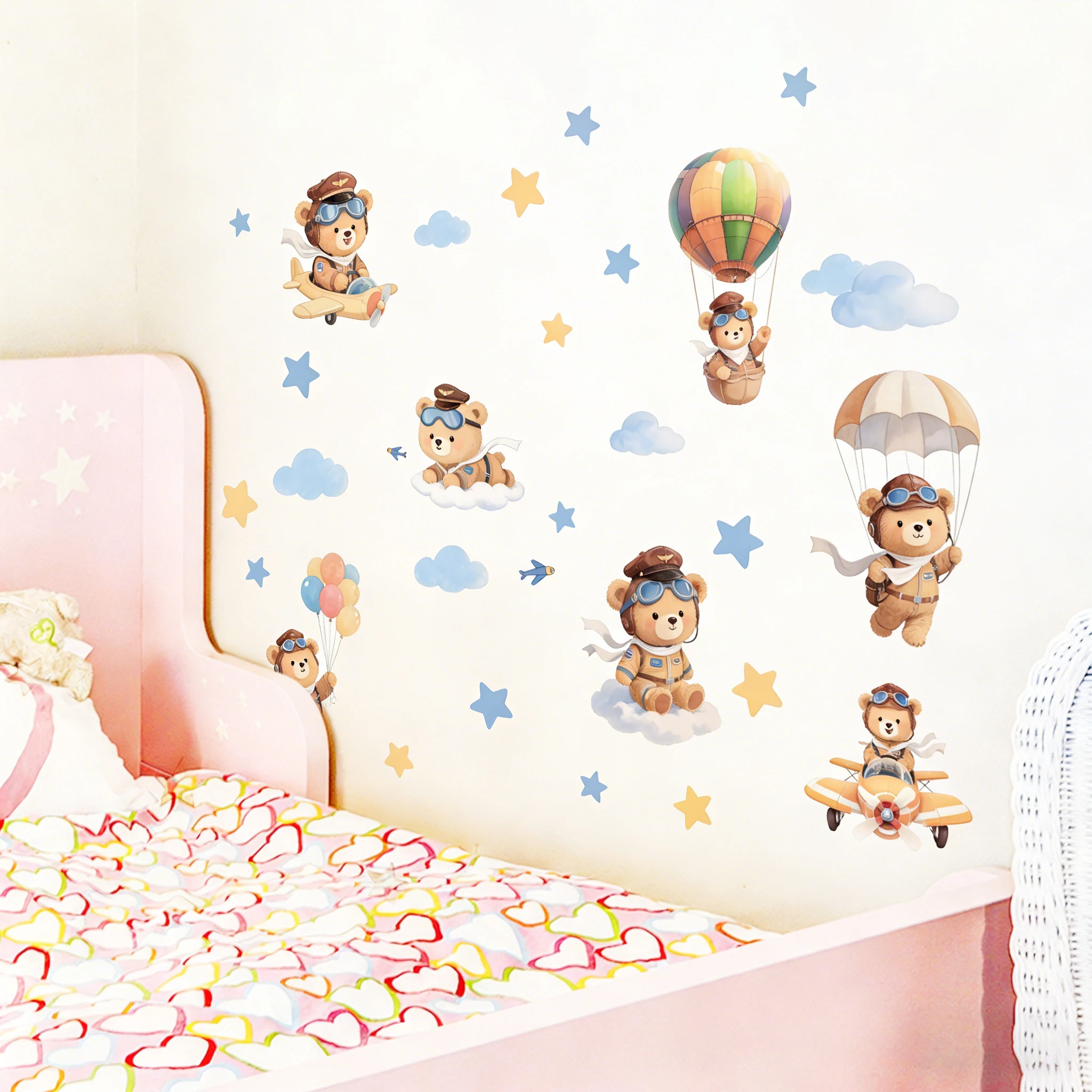 Teddy Bear Pilot Hot Air Balloon Paper Plane Balloon Cartoon Decor Stickers for Children's Room Wall Art Kids Bedroom Decoration