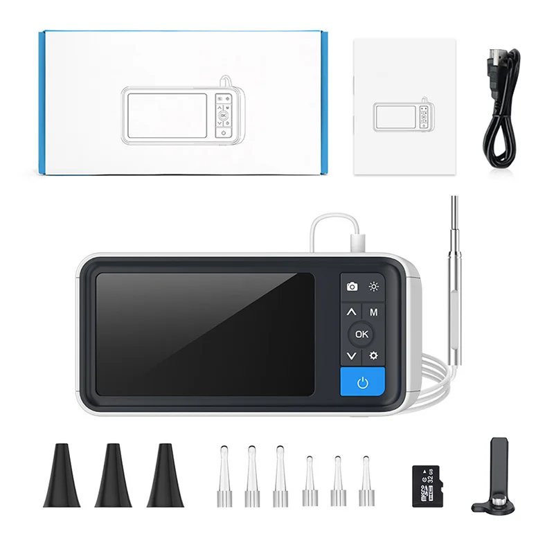 Otoscopio digitale con fotocamera auricolare da 4,5 pollici 1080P 3,9 mm con 6 luci a LED Strumento per la rimozione del cerume con scheda da 32 GB