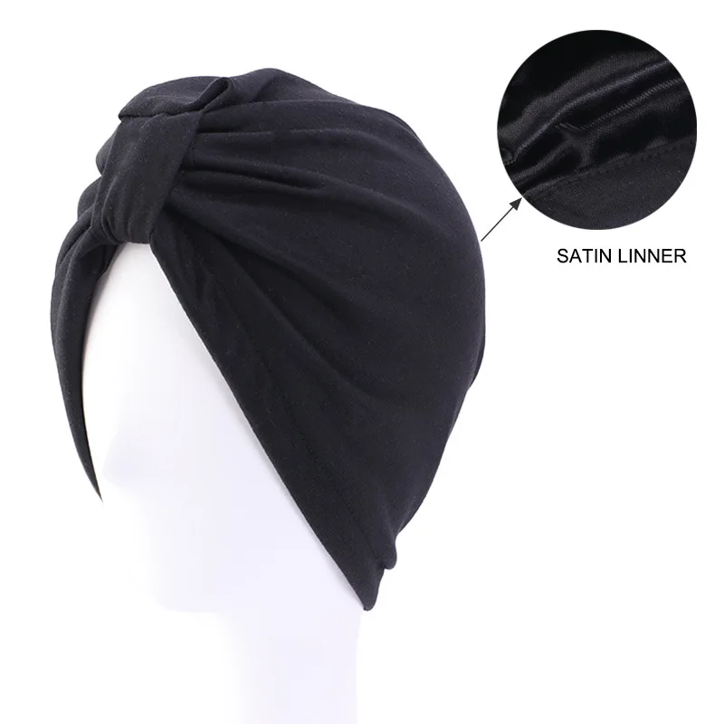 Satin Lining Top Knotted Turban Cap Elastic Solid Color Women's Headscarf Bonnet Female Head Wraps Lady Hair Loss Chemo Cap