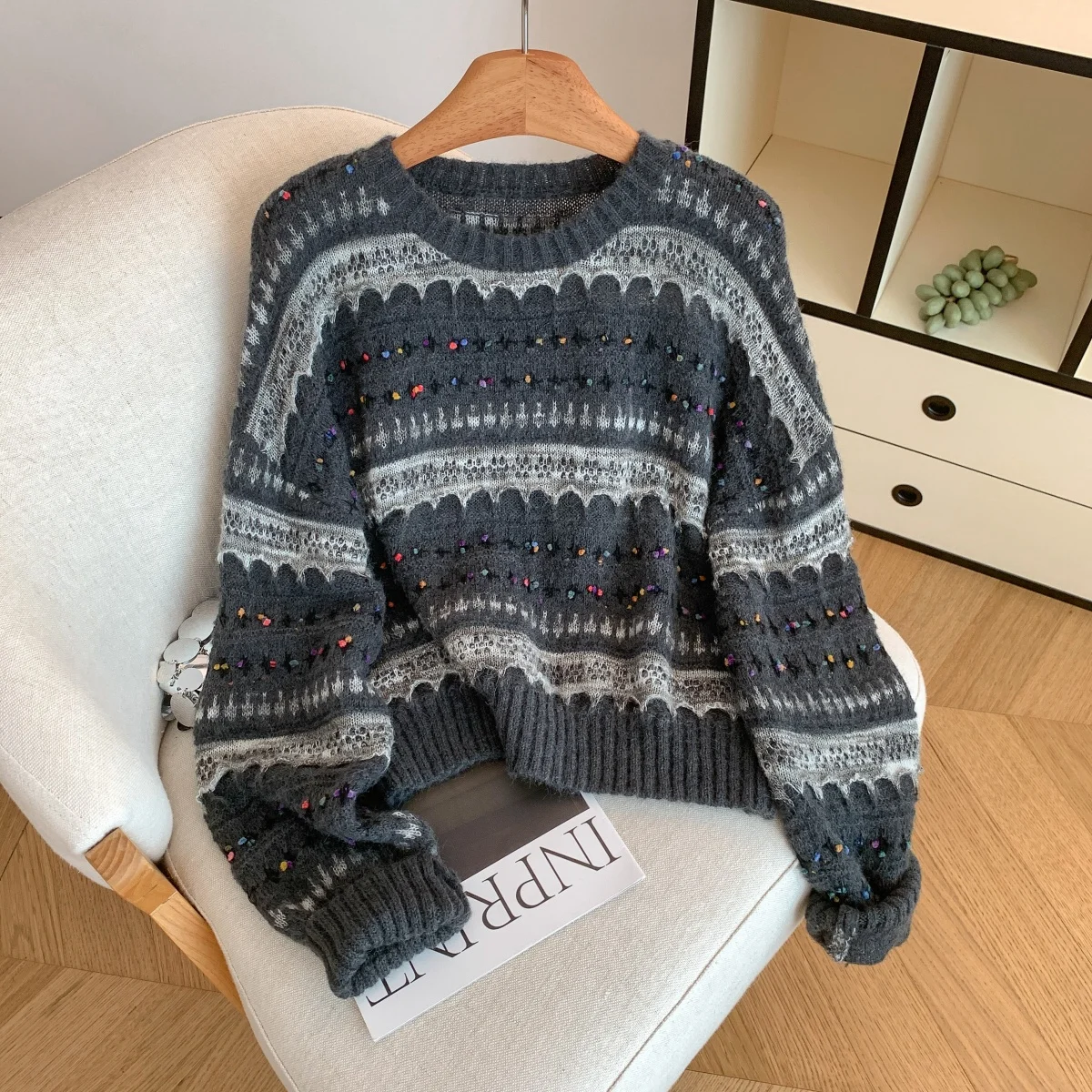

Women's Grey Striped Pullover Sweater Vintage 90s Aesthetic 2000s Y2k Jumper Knitwear Long Sleeves Sweater Autumn Winter Clothes