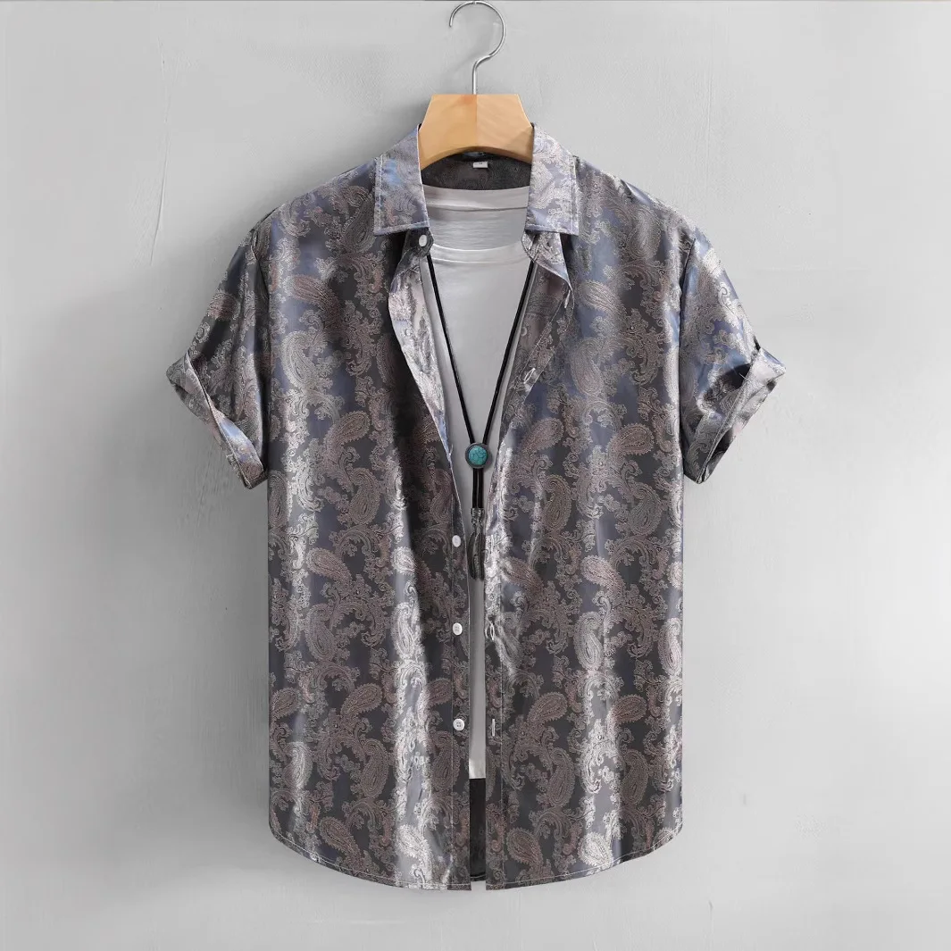 Men's Casual Short Sleeve Jacquard Shirt Fashion Comfortable Loose Fit Floral Pattern Button up Shirt for Summer