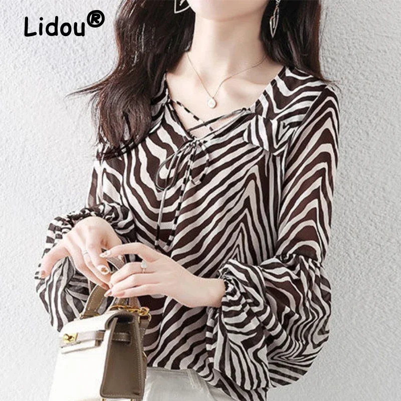 

Brown Zebra Puff Sleeves Loose Chiffon Shirt Long Sleeve V-neck Blouse for Female 2022 Spring Summer Elegant Casual Clothing