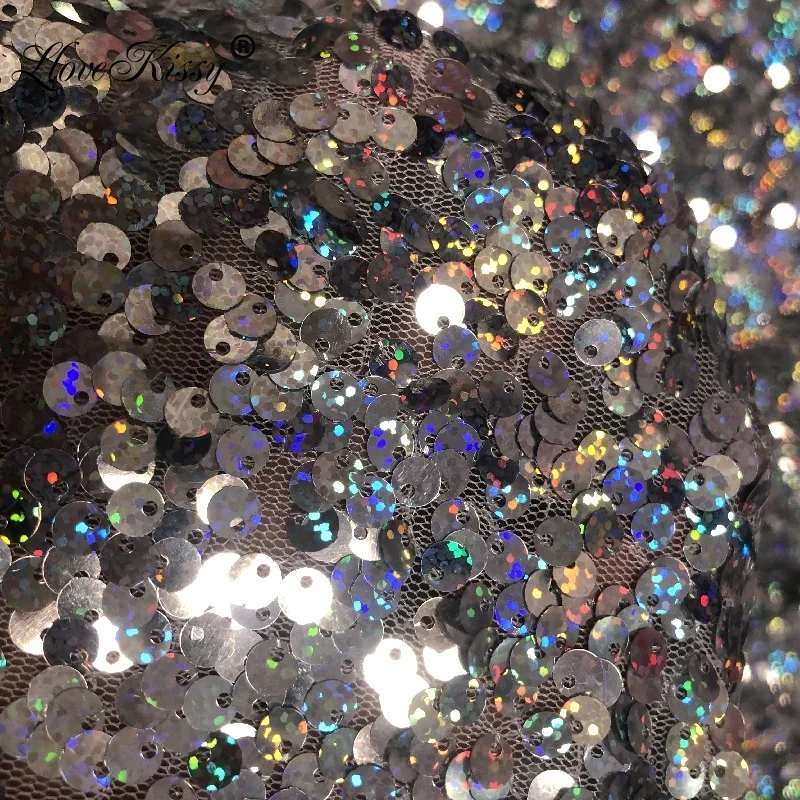 

Fashion Silver Laser Mesh Embroidery 5mm Sequin Fabric DIY Sewing Party Dress Stage Performance Costume Width 125CM