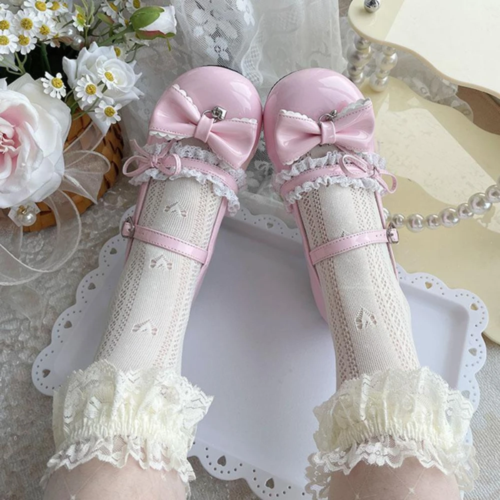 

Low Heel Summer Heels Lolita Shoes for Women Bow Leather Sweet Pink Platform Single Shoes Casual Shoes Kawaii