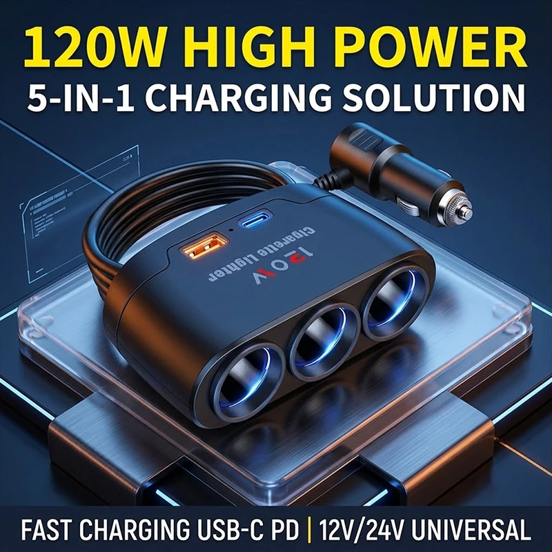 120W Car Cigarette Lighter Splitter 3 Sockets Power Adapter with USB C PD and USB A Ports Extension Cable For iPhone For Samsung