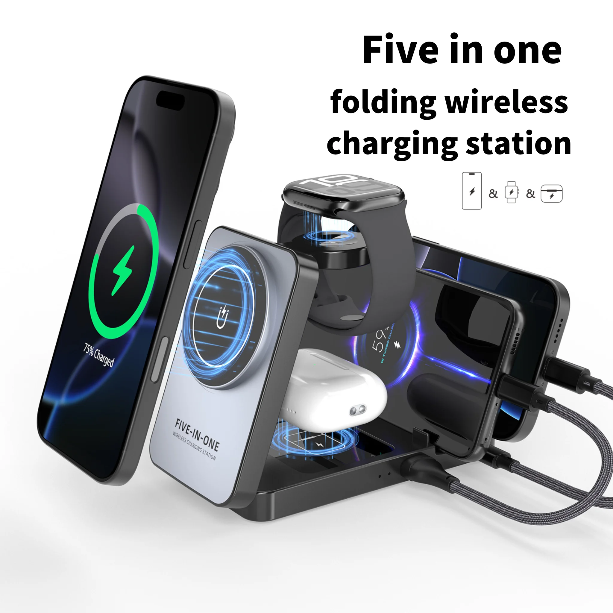 Wireless Charger for iPhone 16 15 14 13 12 11 X 8, 5 in 1 Charging Station for Apple Watch 10/9/8/7/6/5/4/3/2/SE/Ultra/Ultra 2 &