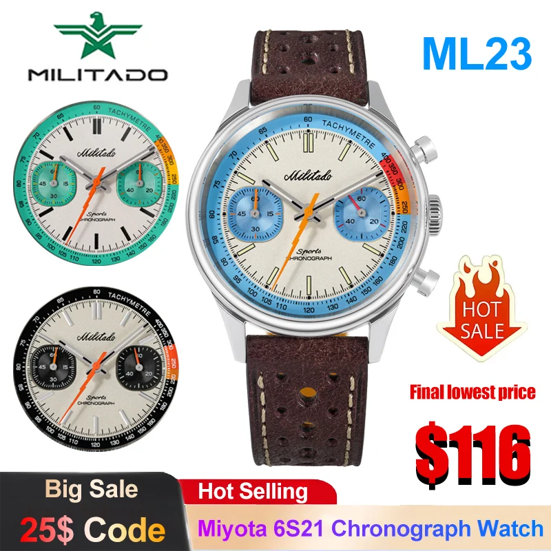 

Militado ML23 Кварцевые часы Miyota 6S21 Спортивные часы с хронографом и сапфировым стеклом 100 м Водонепроницаемые светящиеся мужские часы