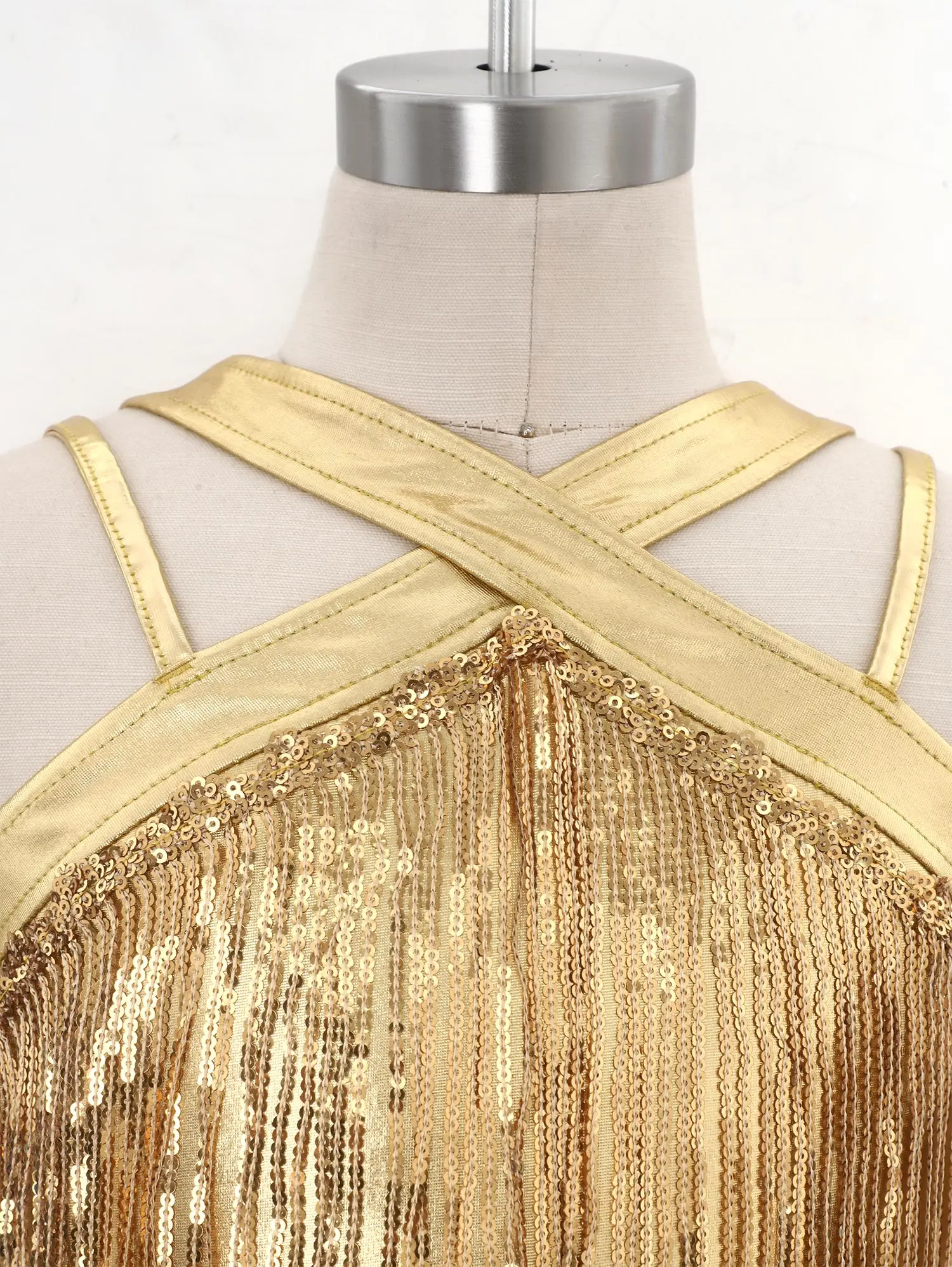 Kids Girls Metallic Disco Jazz Dance Performance Jumpsuit Shiny Sequins Tassels Sleeveless Bell-bottoms Rompers Stage Dancewear view 5