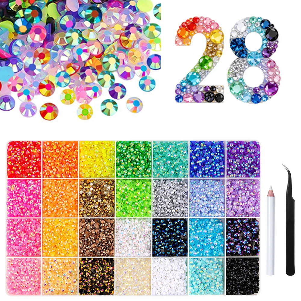 28 Colores de Piedras de Resina con Pinzas para Decoración, Cristales Multicolor de 3mm para Arte de Uñas, Manualidades y Maquillaje