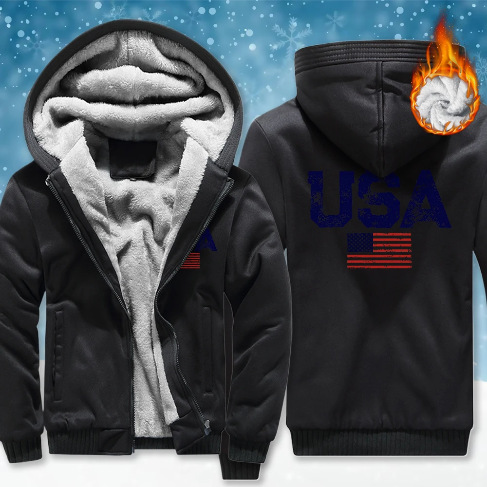 

Usa Letter American Flag Prints Zipper Jacket Men Thicken Fleece Loose Clothes Fashion Simple Hoodie Vintage Casual Tops Unisex