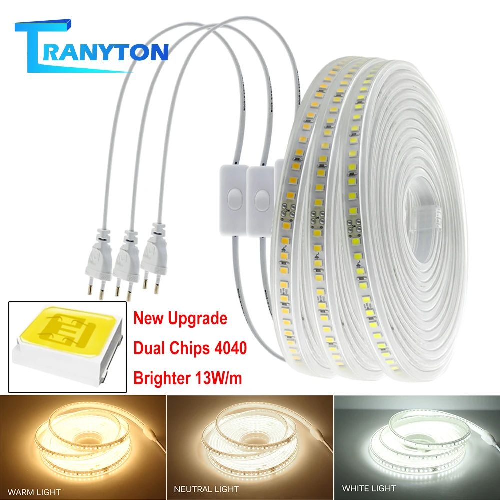 220V 4040 Led Strip Light with Switch Adhesive Tape Waterproof 2M 3M 4M 5M 6M 8M 15M 20M 13W/M Flexible Ribbon