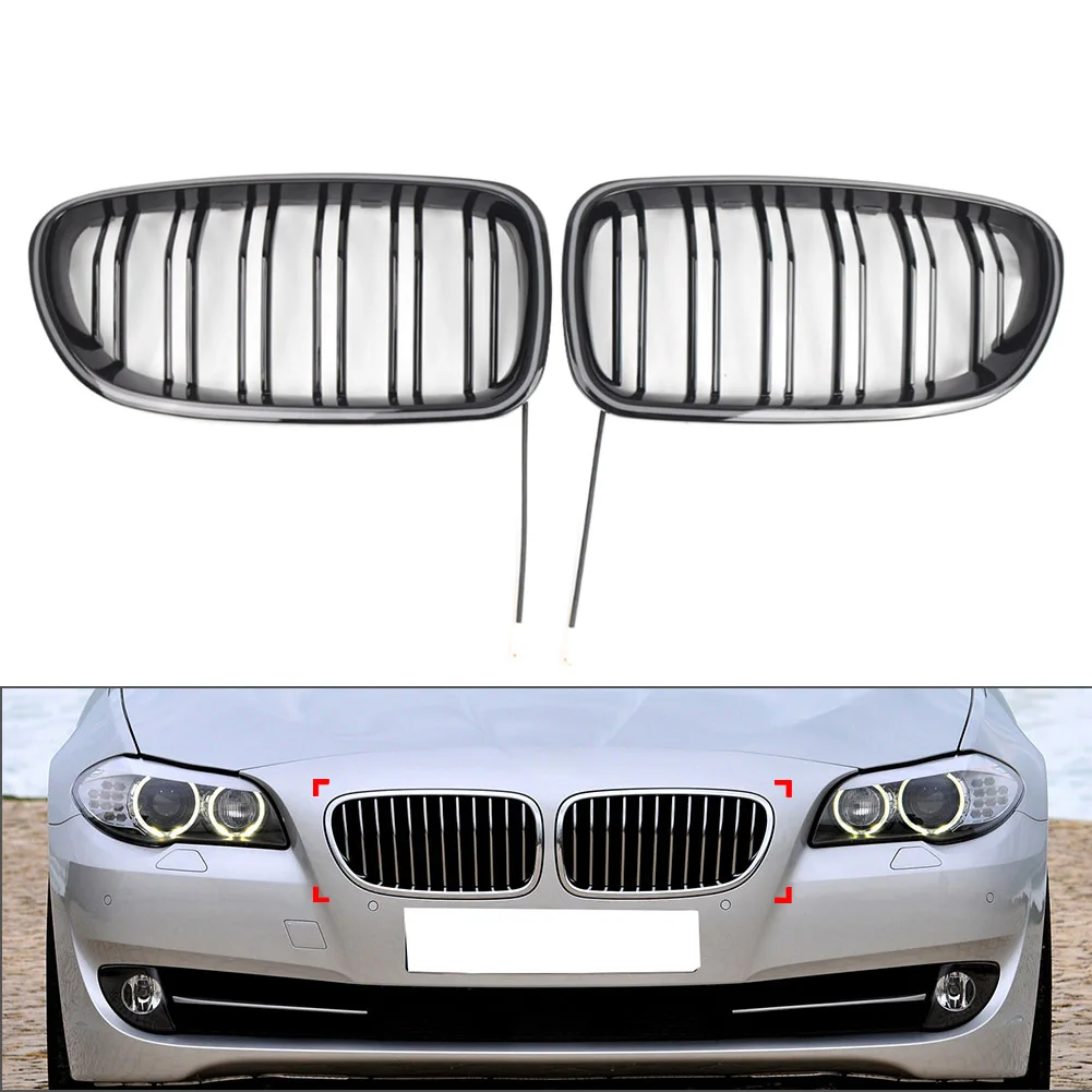 2x Car ABS Front Bumper Grille With Light Strip For BMW 5 Series F10 F11 2010-2016 Not For F07 Not For Models with Night Vision
