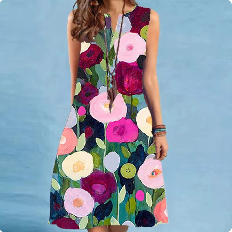 Nuevo vestido de verano para mujer, pintura al óleo, estampado floral, patrones, cuello en V, sin mangas, tocado, vestidos de fiesta hasta la rodilla para mujer