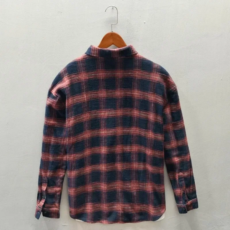 Wiosna Nowy Styl Męska Luźna Casualowa Koszula z Długim Rękawem w Kratę Retro Color Block Base Layer Coat Koreański Styl Modny