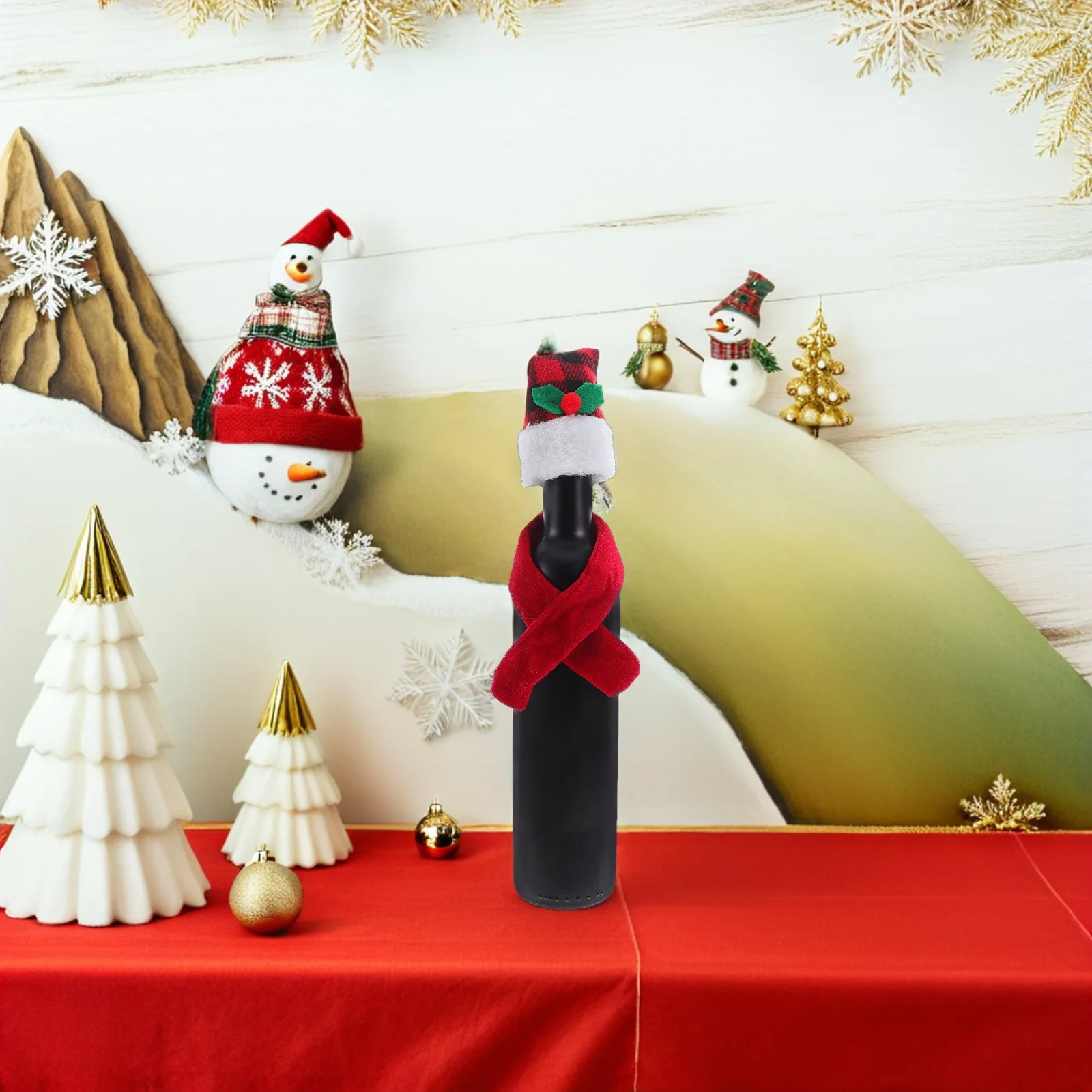 

12Set Festive Bottle Cover Set Christmas Themed Hat Scarf Combo for Cocktail Party New Year Celebration Home Hotel Decoration
