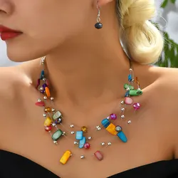 Bohemia Shell Crystal Beads Multi Layer Choker Necklace Earrings for Women Bridal Boho African Jewelry Sets Luxury Accessories