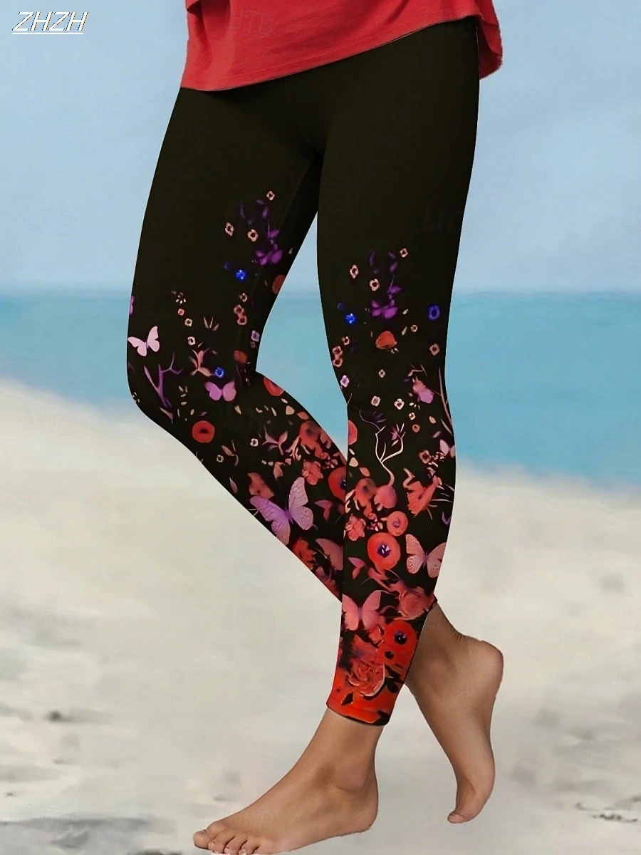 Leggings femininas flor impressa calças ao ar livre poliéster elastano estiramento cintura elástica, controle outono inverno streetwear