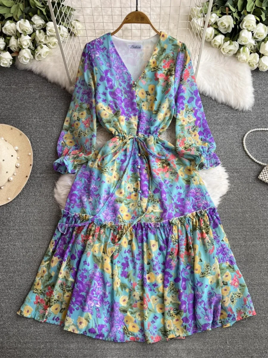 Spring Autumn Women Print Midi Dress Elegant V-Neck Long Sleeve High Waist A-Line Drawstring Vestido Female Robe New Fashion