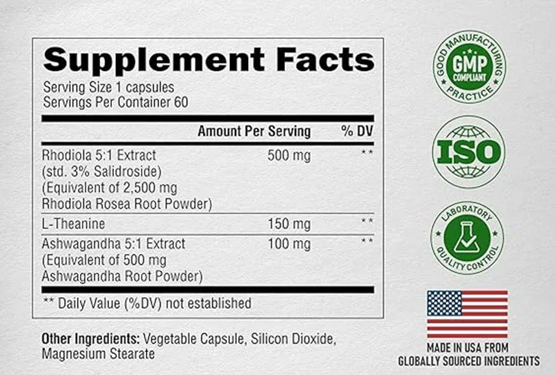 Rhodiola Rosea Supplement- Rhodiola Extract 5:1 | 3% Salidroside - Ashwagandha & L-Theanine -  60 Capsules