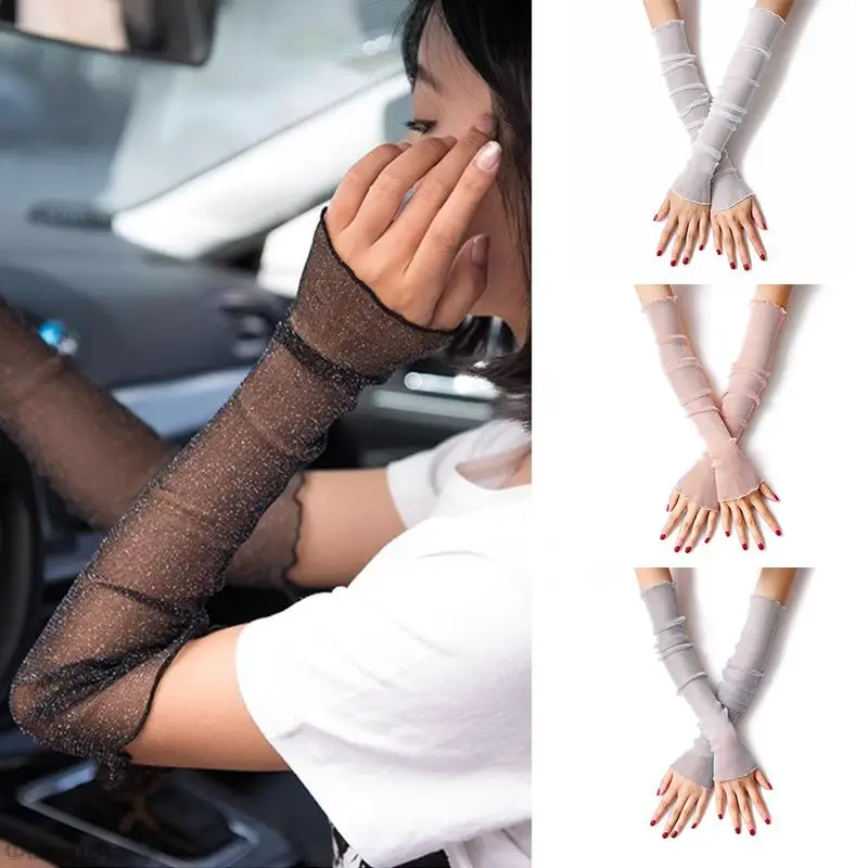 

Glitter Mesh Long Lace Gloves Metallic Shimmer UV Protection Arm Sleeves Women Girls Ultra-Thin Sheer Ruffles Trim Driving Prote