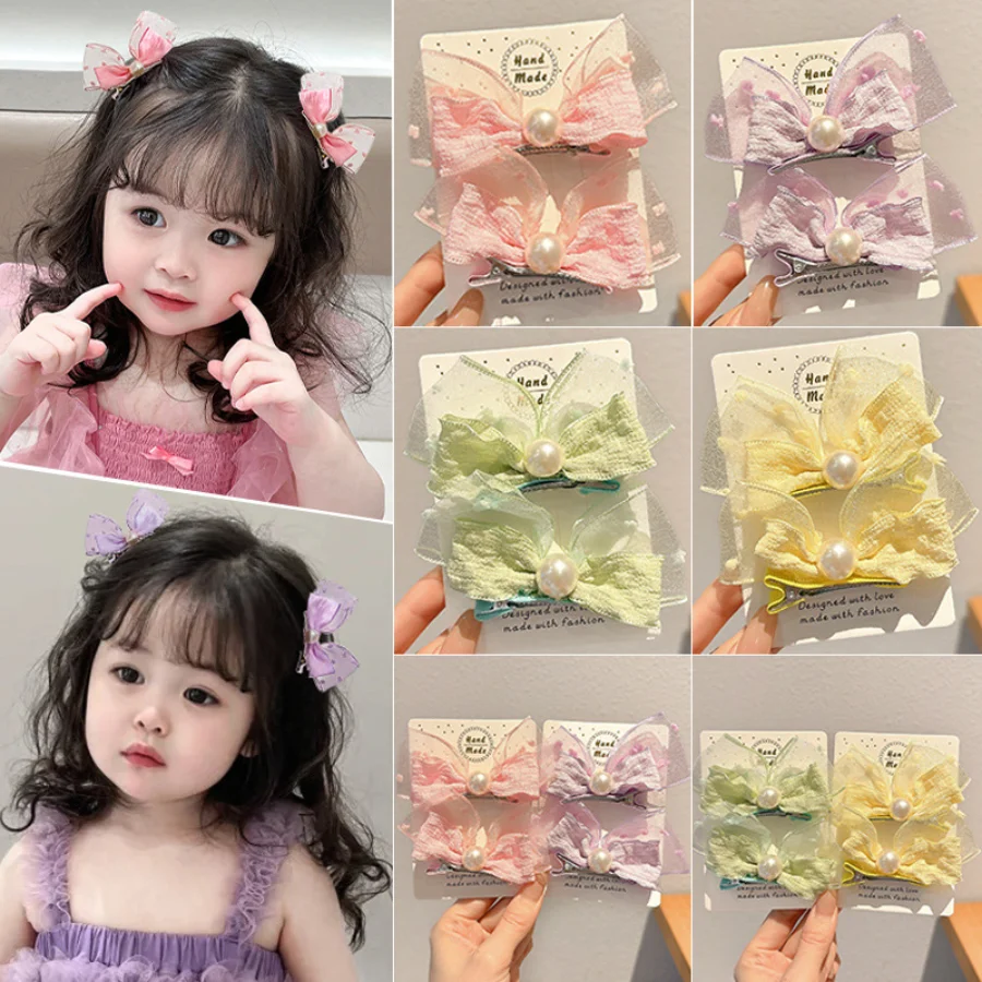 

Korean-style pearl three-dimensional bow rabbit ear baby pair clip, fresh and cute bubble gauze children's hair clip, adorable headwear