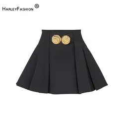 In Stock Lady New Fashion Solid Casual Wear European Style Buttons Decoration Short Mini Pleated Skirt