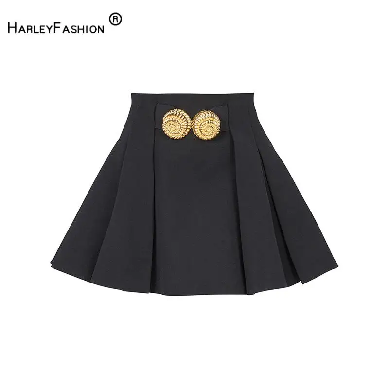 In Stock Lady New Fashion Solid Casual Wear European Style Buttons Decoration Short Mini Pleated Skirt