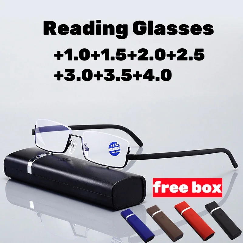 

Men Women Portable Reading Glasses with Box Flexible Half Frame Anti-blue Farsighted Eyeglasses Unisex Presbyopia Eyewear +2.0