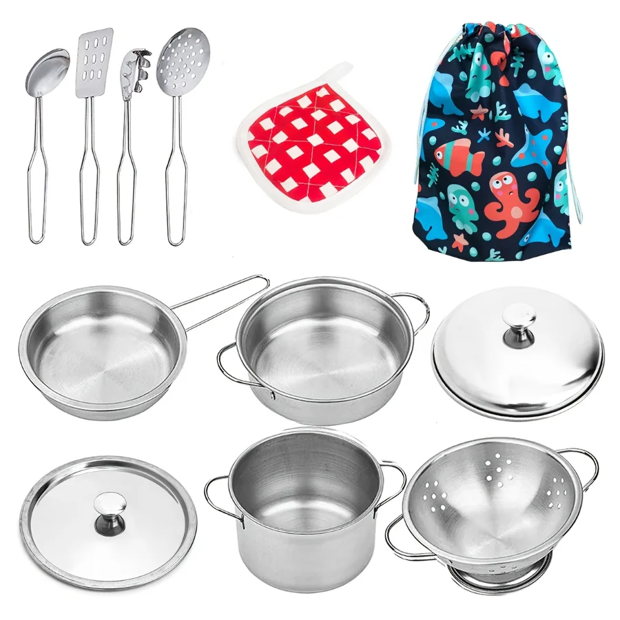 12pçs mini conjunto de brinquedos de cozinha de aço inoxidável para crianças, perfeito para cozinhar fingir, presentes de aniversário, conjuntos de cozimento