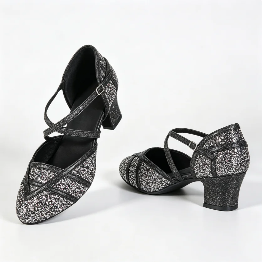 Women Closed Toe Ballroom Dance Shoes Glitter Upper Block Heel Waltz Tango Ballroom Salsa Shoes Practice Dance Footwear Sandals