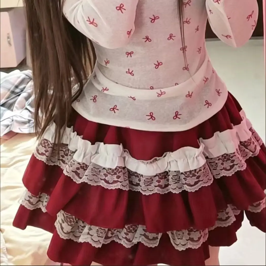 Harajuku Kawaii Sweet Lolita Lace Ruffle Tiered Fluffy High Waist Black White Mini Cake Skirt Women Y2K Streetwear Party Wear