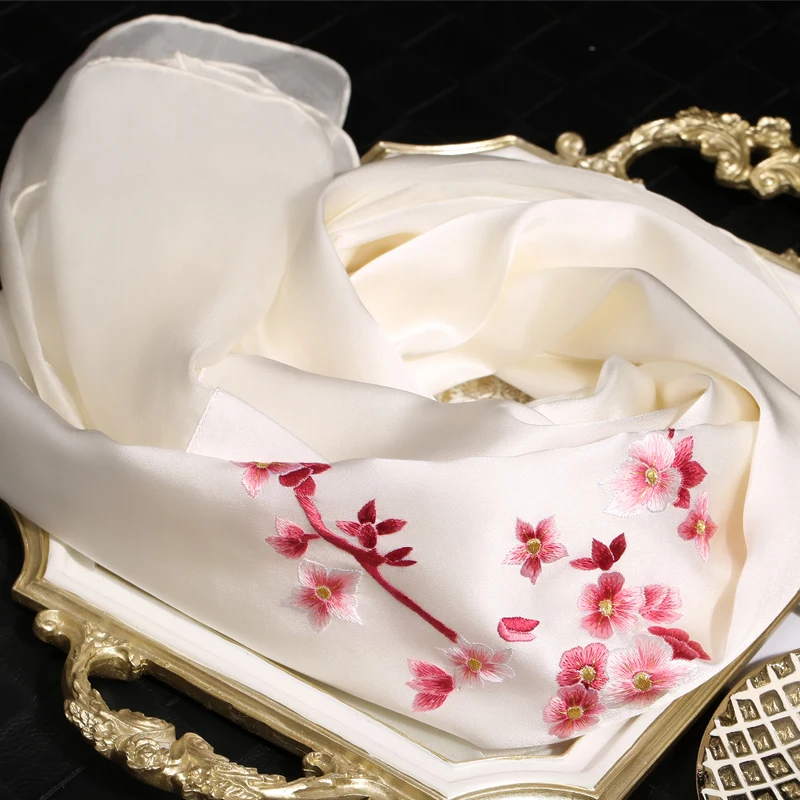 Birdtree, 16MM 100% Silk, Suzhou Embroidery, Handmade Scarf, With Gift Box, Women's Long Shawl, Spring Autumn, A49734QM