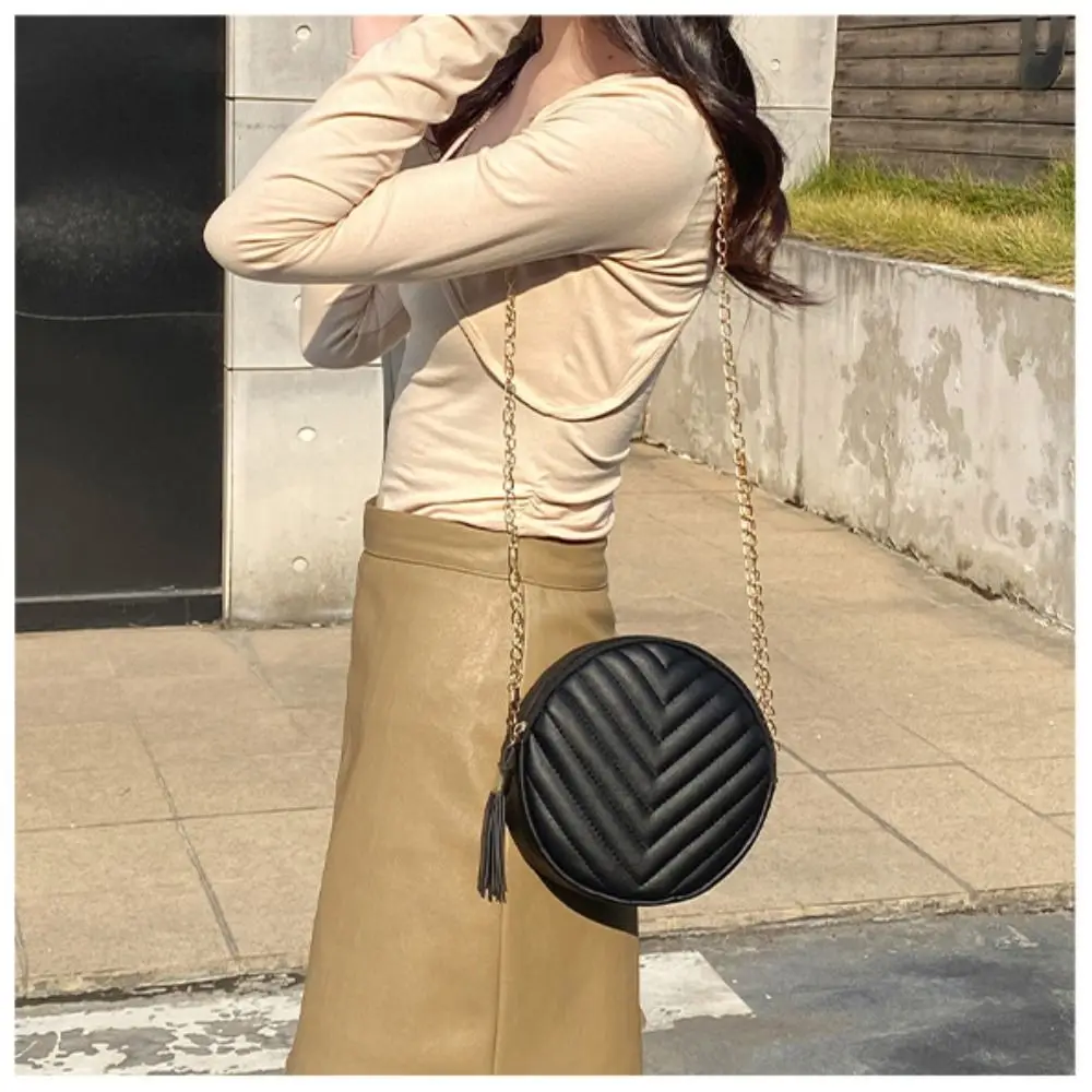 Fashionable V-shaped Line Line Small Round Bag PU Zipper MINI Handbag Tassel Cross-body Pouch Party