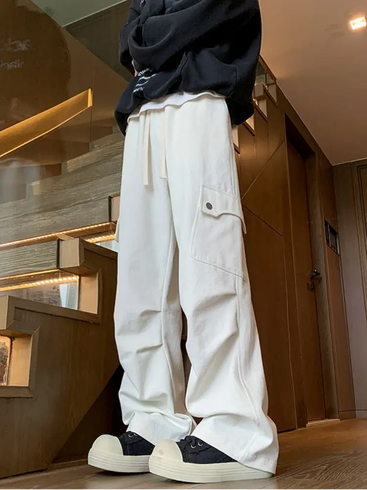 

American Sle Cargo Pants Men's Spring Autumn Wide Leg Pleated Design Loose Fit Straight Leg Workwear Trousers