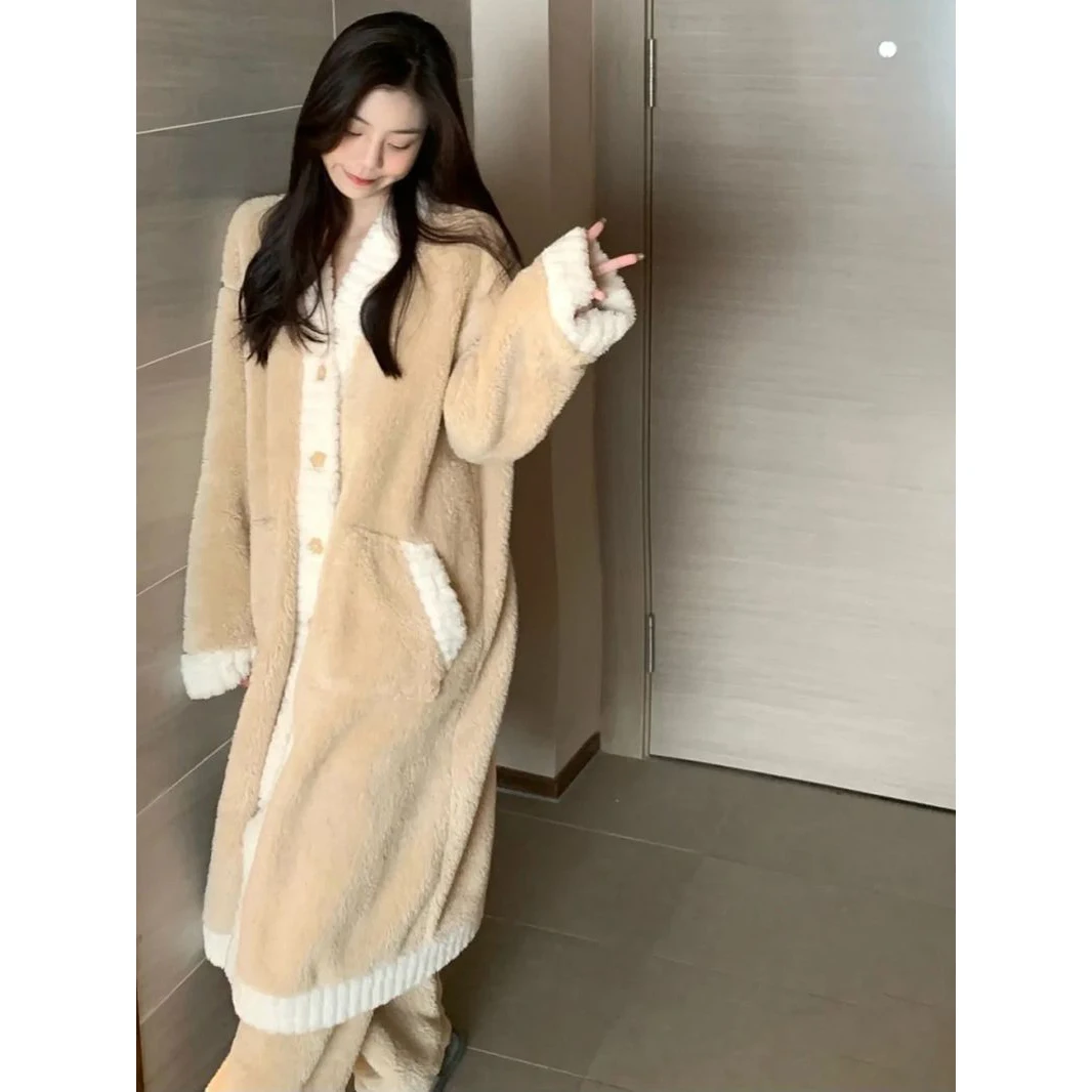 Patchwork Robe for Women Sleepwear Nightdress Winter Night Wears Warm Fleece Pajama One Piece Nightgown Long Sleeve Homewear New