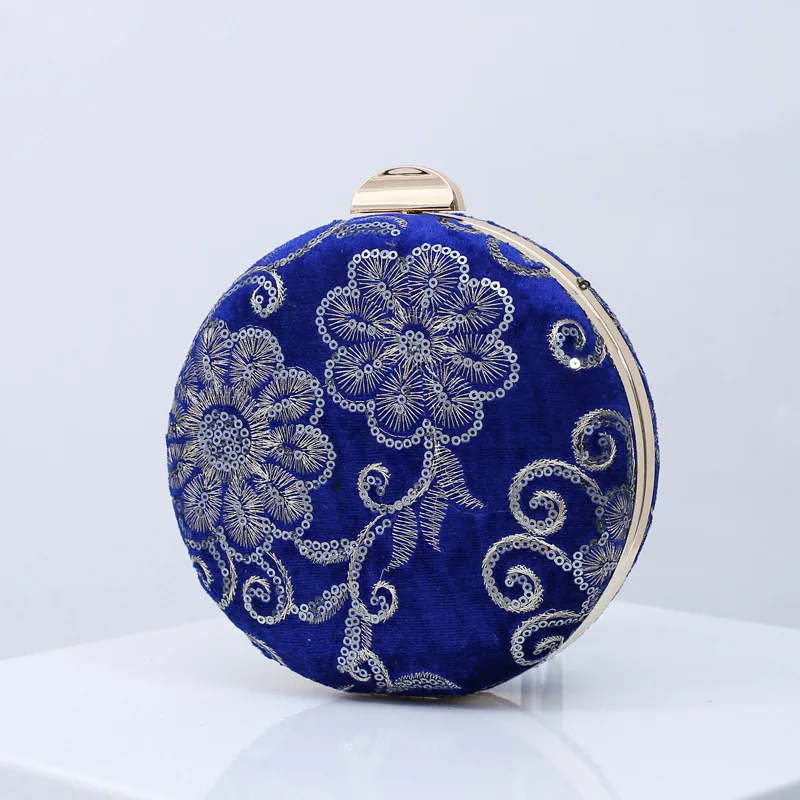 Retro  Embroidered Evening Bag Women's Velvet Handbag Cheongsam Matching Small Round Clutch Formal Sequins Crossbody Wedding Bag