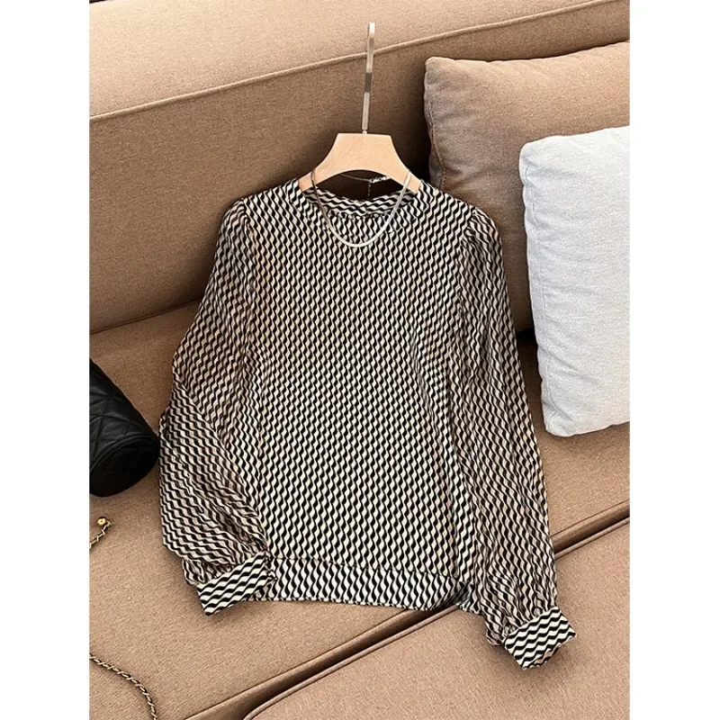 Satin Women\'s Shirt Silk Stripe Vintage Blouses Loose O-neck Spring/Summer Ladies Clothing Long Sleeves Tops