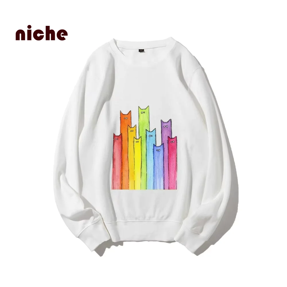 

Cute Casual Rainbow Kitten Sweatshirt Round Neck Shoulder Loose Cotton Sweater Multi-Color Fashion Trend New Long Sleeves