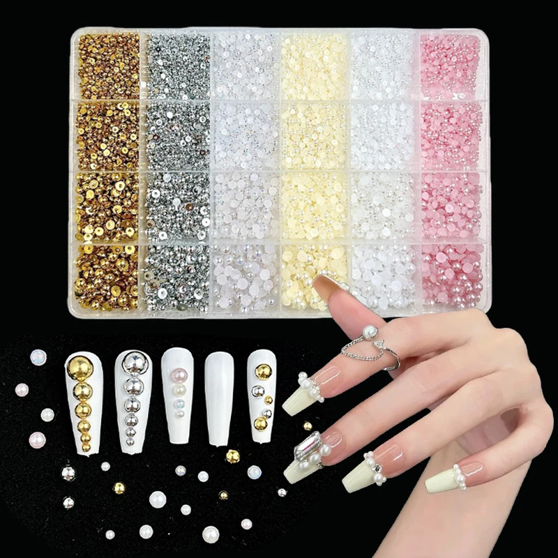 

24 Grids Semi-Circle Imitation Pearl Beads 3D Nail Charms Flat Bottom Nail Art Decorations Multicolor Nail Jewelry Crafts