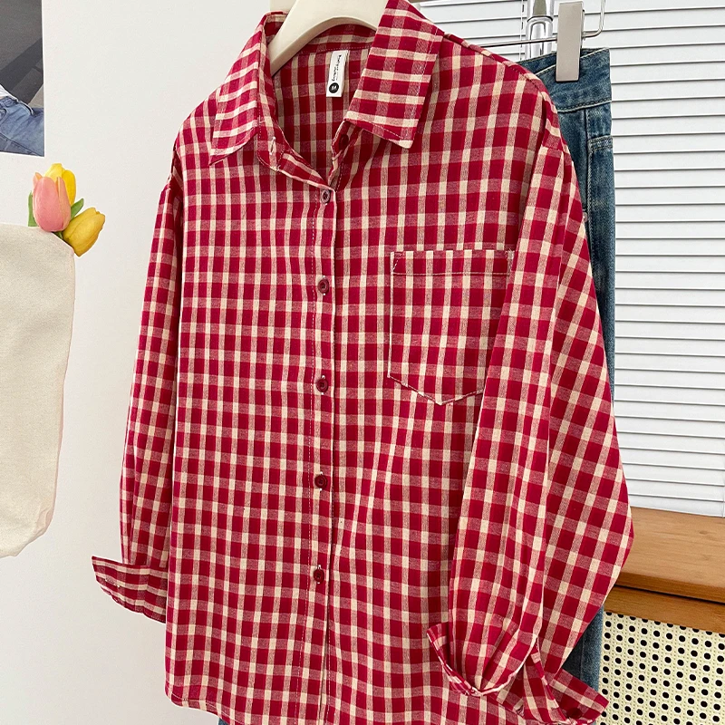 Trendy New Plaid Shirt for Women Korean Style Y2K Casual Loose Slimming Shirt Versatile Long Sleeve Jacket